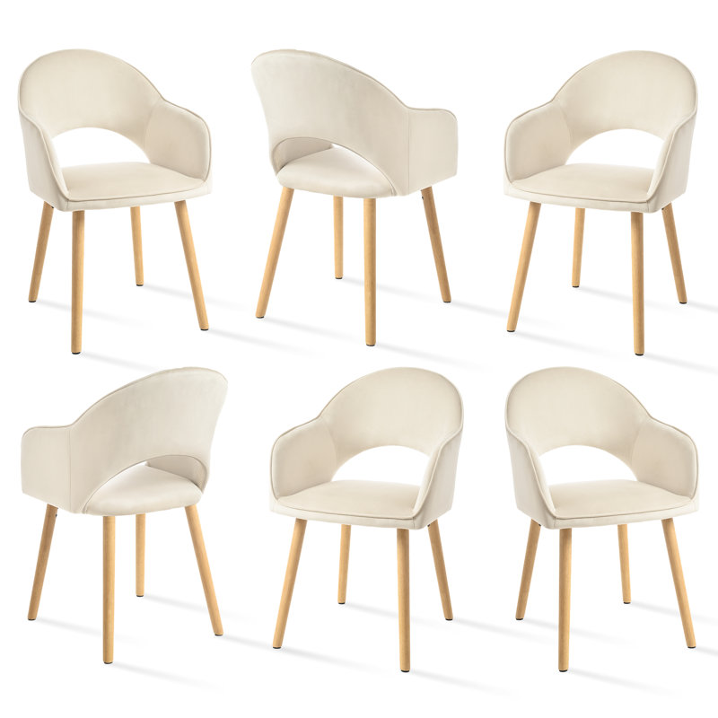 49.5cm H Modern Solid Wood Legs Upholstered Dining Chair with Arm, Beige Velvet/Natural