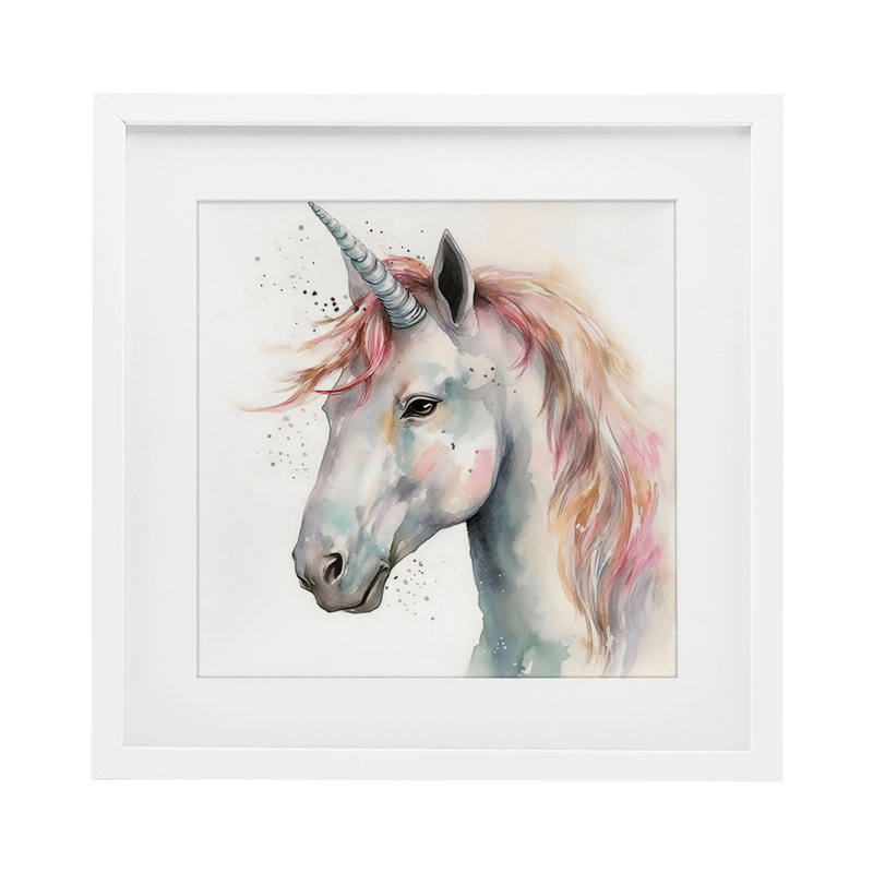 Licorne avec crinière rose, impression sous verre, design by Creative Studio, H 13 po x l 13 po, Cadre blanc côtier