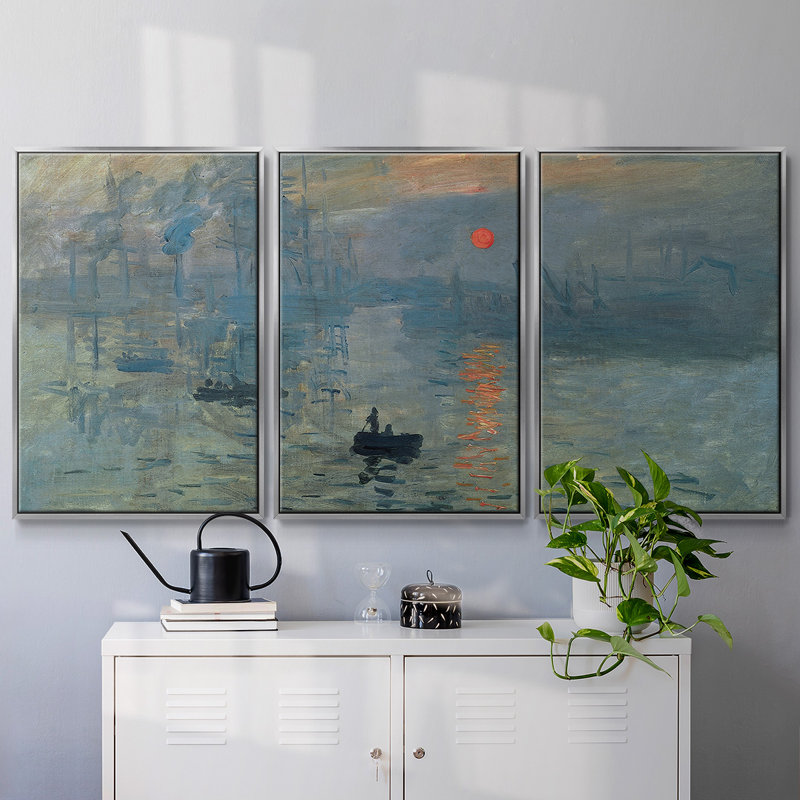 Sunrise par Monet - 3 pièces avec cadre flottant, H 24 po x l 48 po x P 2 po, Argent
