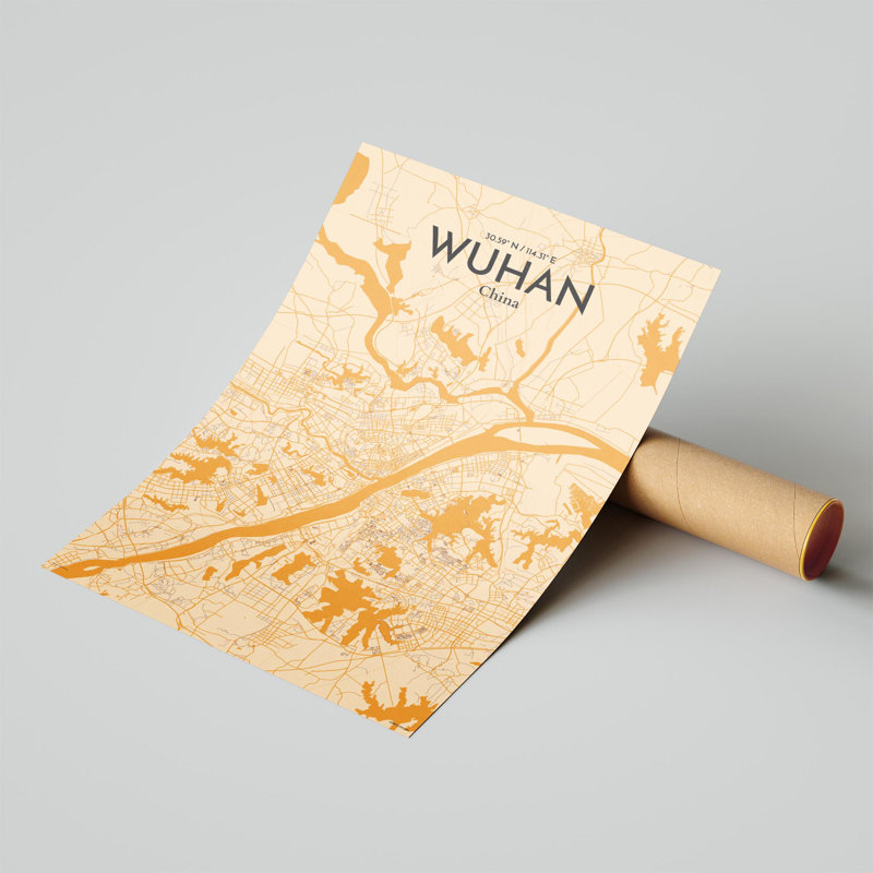 Carte de la ville de Whan, impression, H 17 po x l 11 po, Orange / or pâle