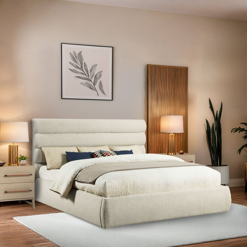 Adam Boucle Fabric Bed, King, Cream Boucle Fabric