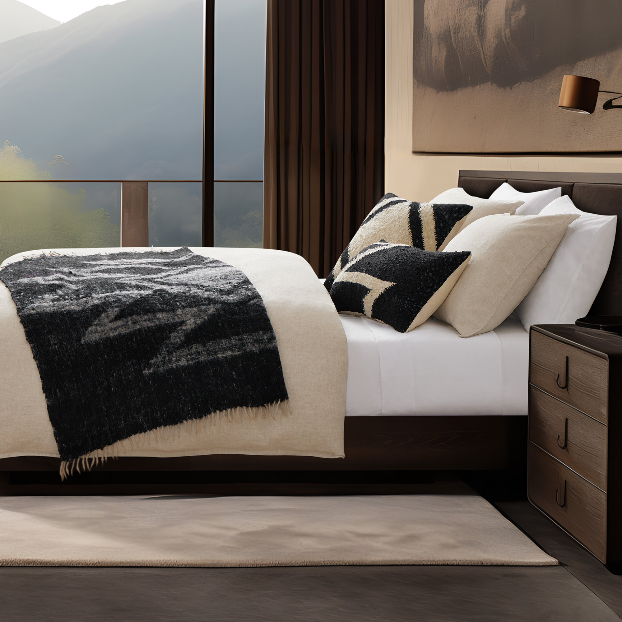 Kahlua Wool Handwoven Western Throw Blanket 50x60 inch, Aztec, Black/White