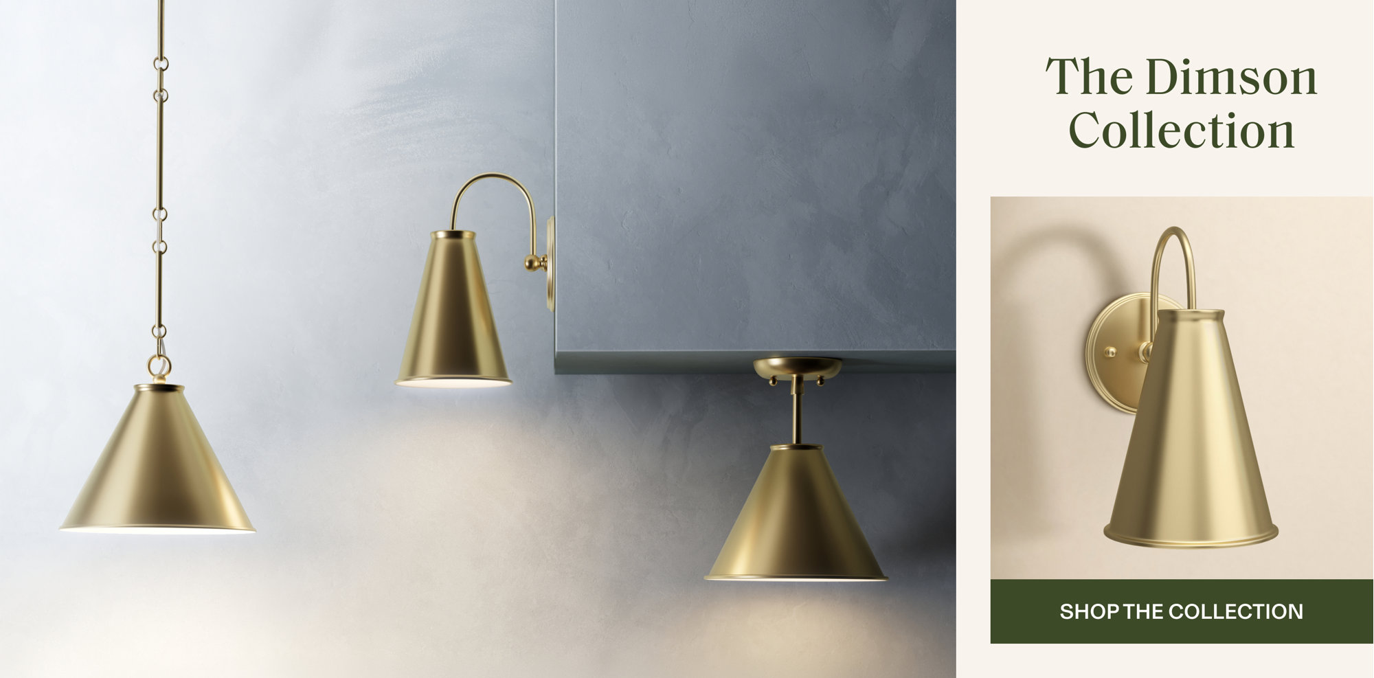 Industrial-style pendant and wall lights with angular brass cone shades from the Dimson Collection