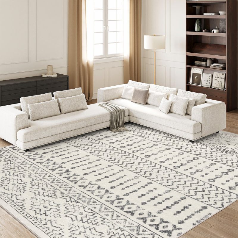 Tapis marocain ultra-mince lavable, tapis antidérapants pour le salon (ivoire), Rectangle 6 pi x 9 pi