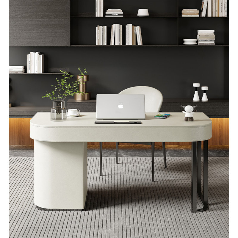 Bureau en cuir Saddle avec pieds en acier inoxydable et armoire à tiroir rétractable, Beige