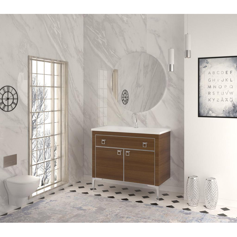 Meuble-lavabo mural 40 po avec plateau en céramique, Bois foncé, Chrome
