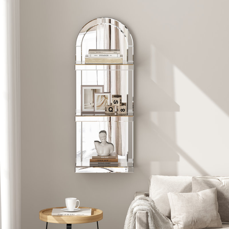 Étagère murale arquée en miroir, 3 niveaux flottants, 42,5 po H × 15 po L × 7,5 po P – Style glam moderne, gain de place