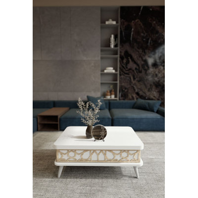 Table basse Mid-Century moderne à plateau relevable avec rangement géométrique / treillis