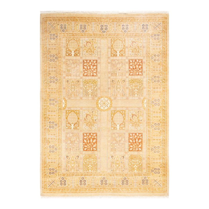 Tapis unique rouge / orange / ivoire noué à la main Vawn Mogul 4 pi 2 po x 5 pi 9 po