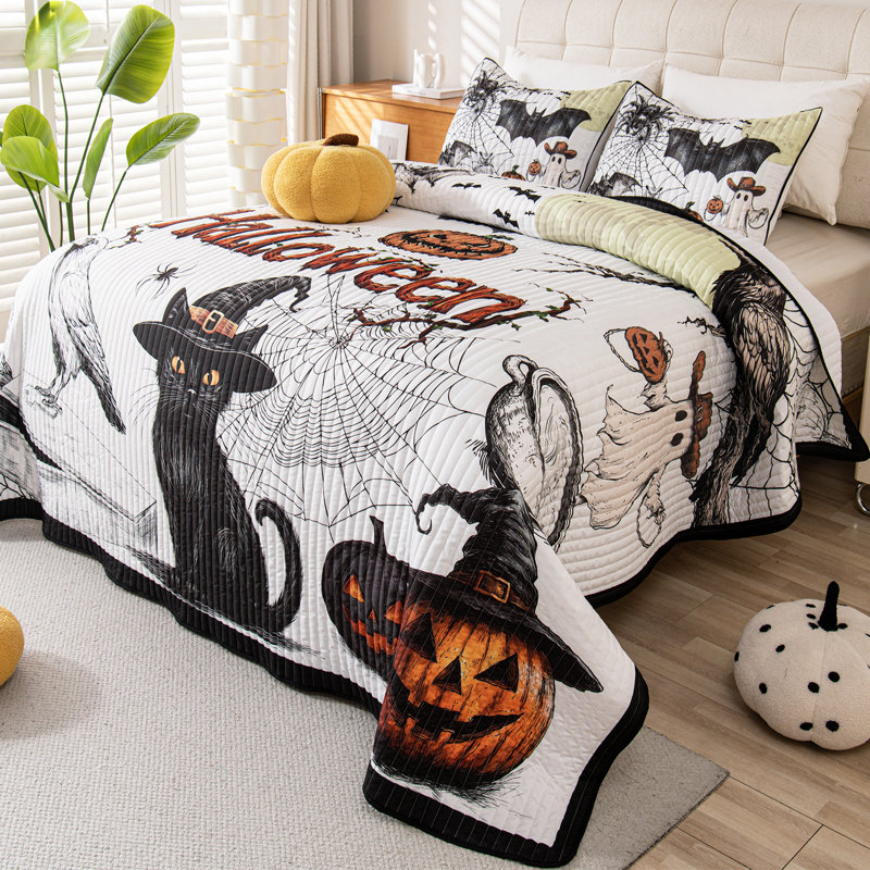 Ensemble de courtepointe 3 pièces Halloween Ensemble de literie réversible Crows Bats, Blanc