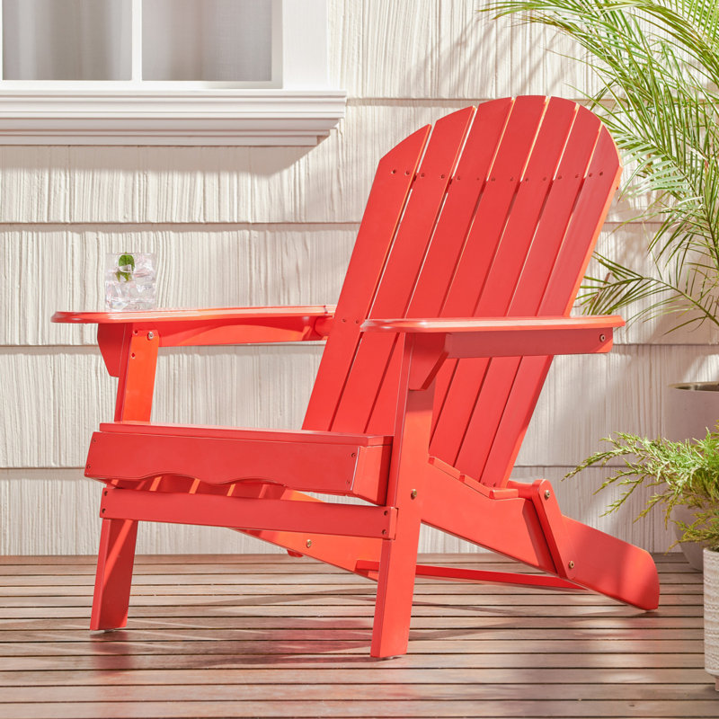 Clariandra Folding Acacia Wood Adirondack Chair with Slatted Back, Red