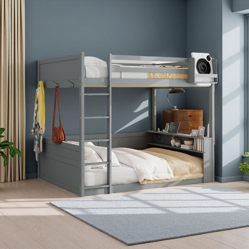Grand lit superposé en bois avec tablettes intégrées, boîte de rangement, lumière DEL et station de charge USB, Gris