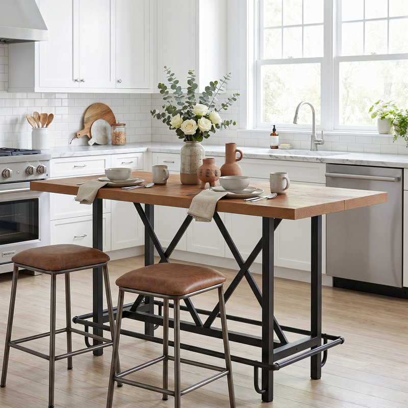 Bochini 62.99 L x 31.49 W Dining Table Counter Height Kitchen Table with Metal Footrest, Light Oak