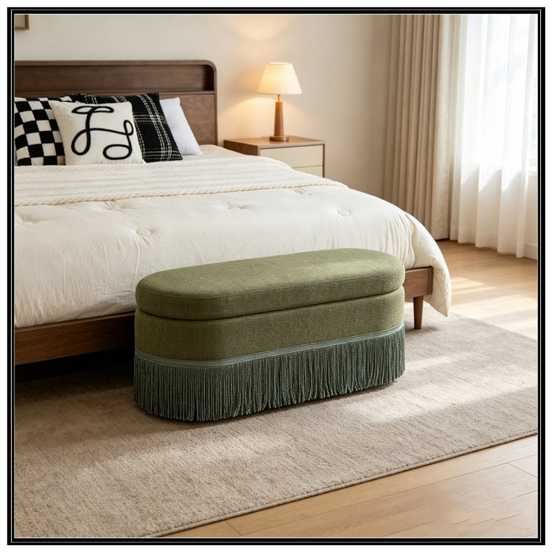 Banc ovale rembourré avec rangement rabattable et pieds robustes, Vert
