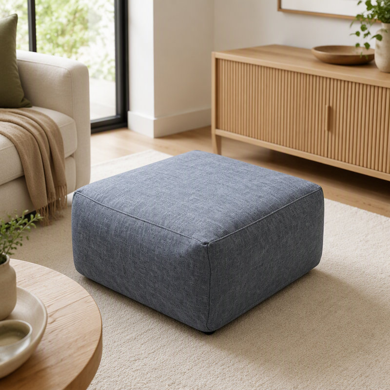 Repose-pieds modulaire gris avec revêtement en tissu d'aspect lin et housse amovible