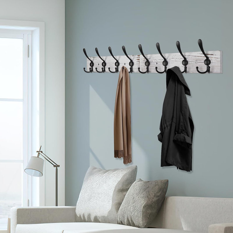 Portemanteau mural rustique avec 8 crochets robustes, Blanc