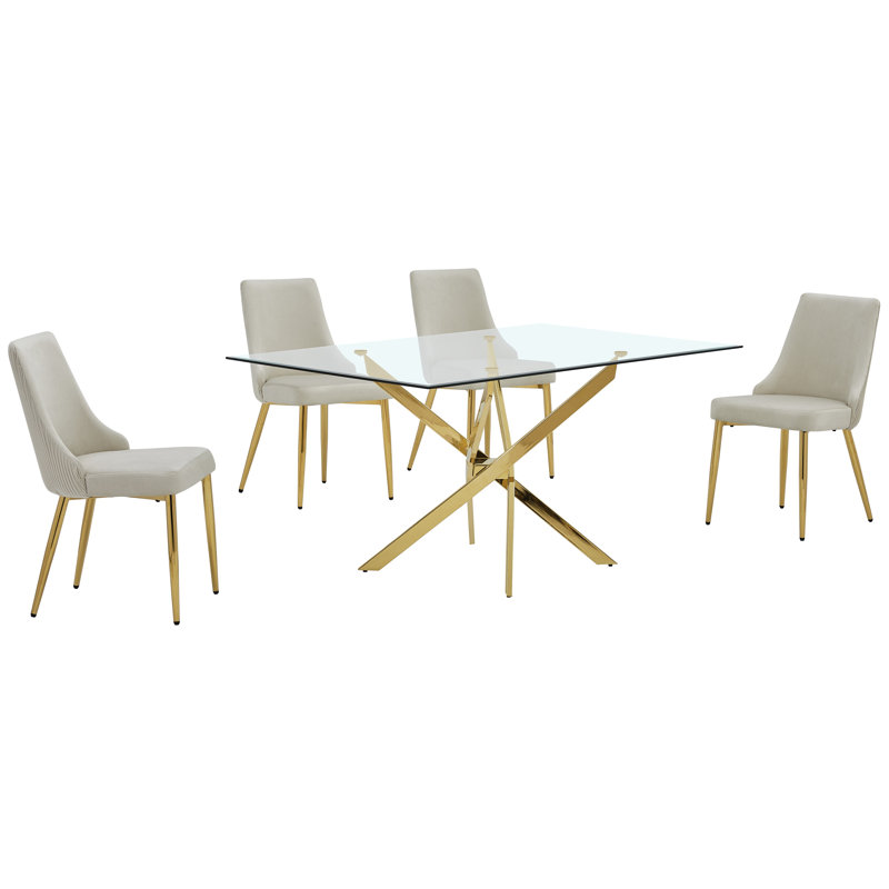 Ensemble de salle à manger en verre avec chaises d'appoint en velours plissé, 5, Crème, crème
