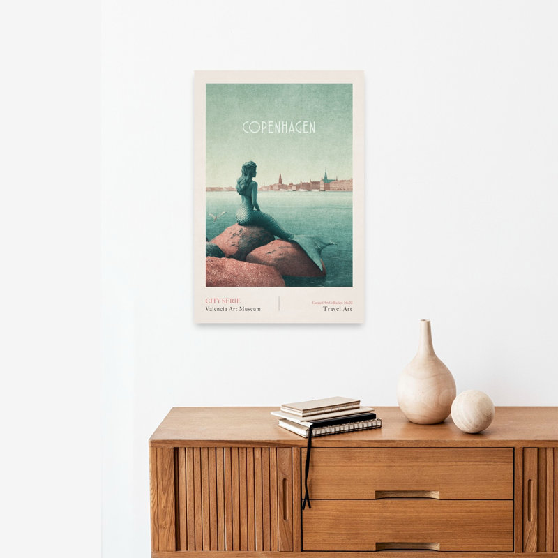 Copenhagen - Little Mermaid Classic Retro Serene City Coastal Wall Art Print by Emel Tunaboylu - Wrapped Canvas Print