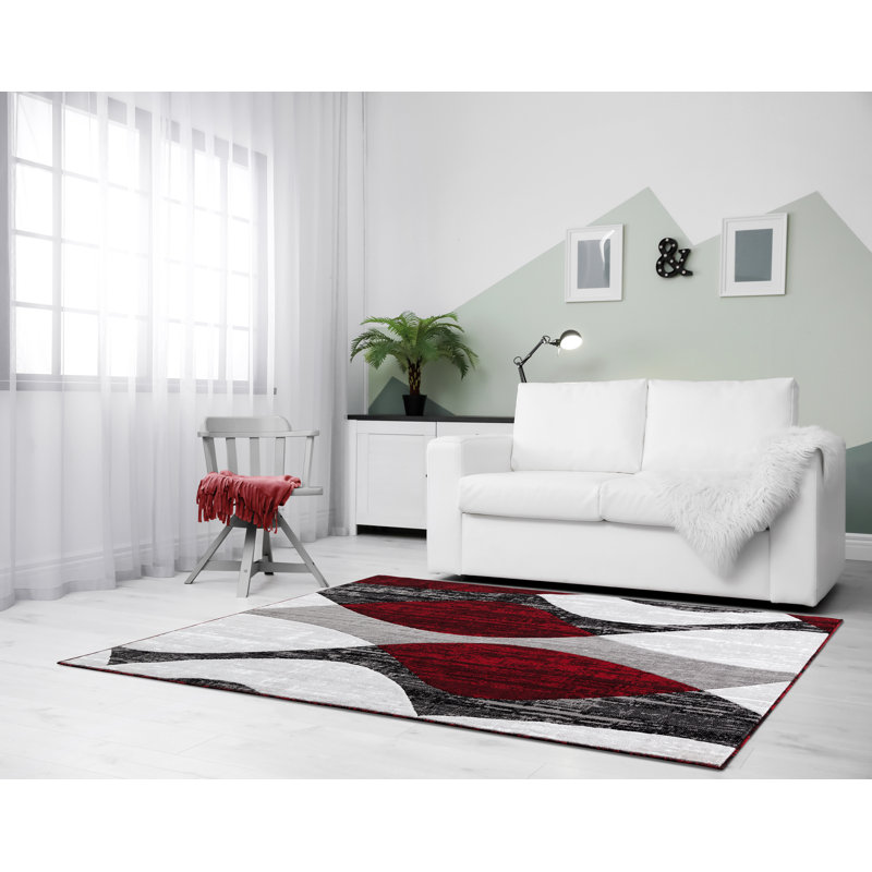 Tapis gris / rouge à motif abstrait, Rectangle 5 pi 3 po x 7 pi 2 po