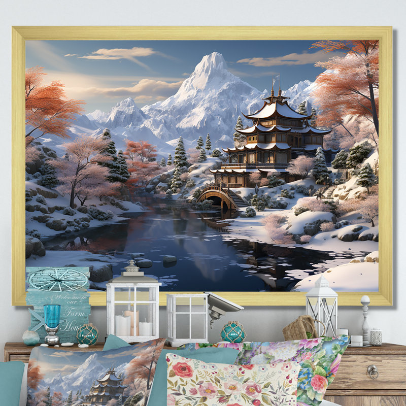 Paysage de montagne du temple bouddhiste de Chine - art mural Chine, Gold Closed Corner Frame, 44" H x 34" W x 1.5" D