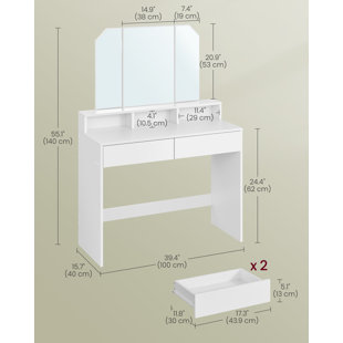 Bureau de coiffeuse VASAGLE, coiffeuse avec miroir à trois volets, coiffeuse de maquillage, 2 tiroirs et 3 compartiments ouverts, coiffeuse, style moderne