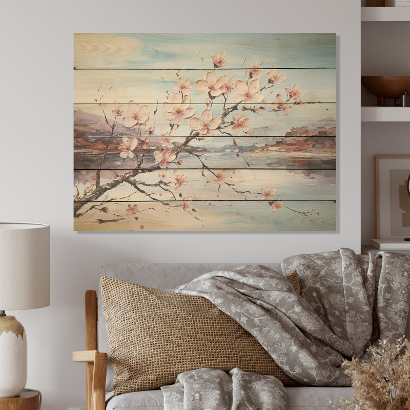 Cornouiller en fleurs sur la plage - Art mural en bois de bois de cornouiller sur bois de pin naturel, H 10 po x l 20 po