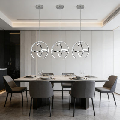 Modern Adjustable LED Globe Pendant Light, 13-Inch Dimmable Chrome Chandelier With Remote Control, Adjustable Height Ceiling Fixture For Kitchen Island, Dining Room, Living Room, Hallway (3-Pack)
