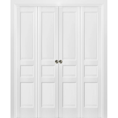 Sliding Closet Double Bi-fold Doors 72" x 84" (4* 18x84) Lucia 31 White Silk Sturdy Tracks Moldings Trims Hardware Set Wood Solid Bedroom Wardrobe Doors