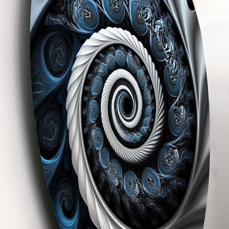 Bleu et blanc vitrail liquide II - spirales abstraites, art mural rond sur métal, L 23 po x H 23 po