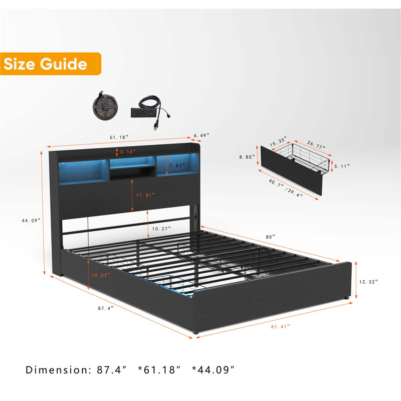 Structure de lit grand format avec 4 tiroirs de rangement, DEL et station de charge pour les chambres modernes, Grand