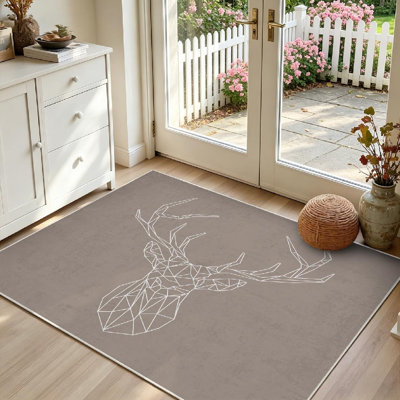Tapis d'intérieur transparent lavable à la machine, motif de têtes de cerf polygonales et lignes origami.