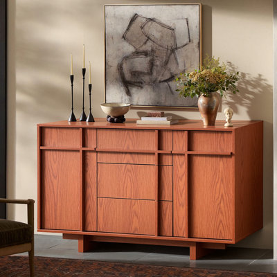 47.2" Mid Century Modern Skeletal Line Credenza, 2 Doors 3 Drawers Storage, Cherry