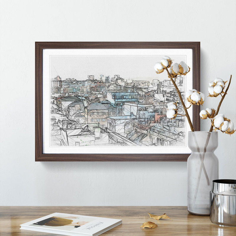 Rooftop View of Gran Canaria Sketch - Picture Frame Graphic Art Print, 62cm H x 87cm W x 2cm D, Walnut Framed