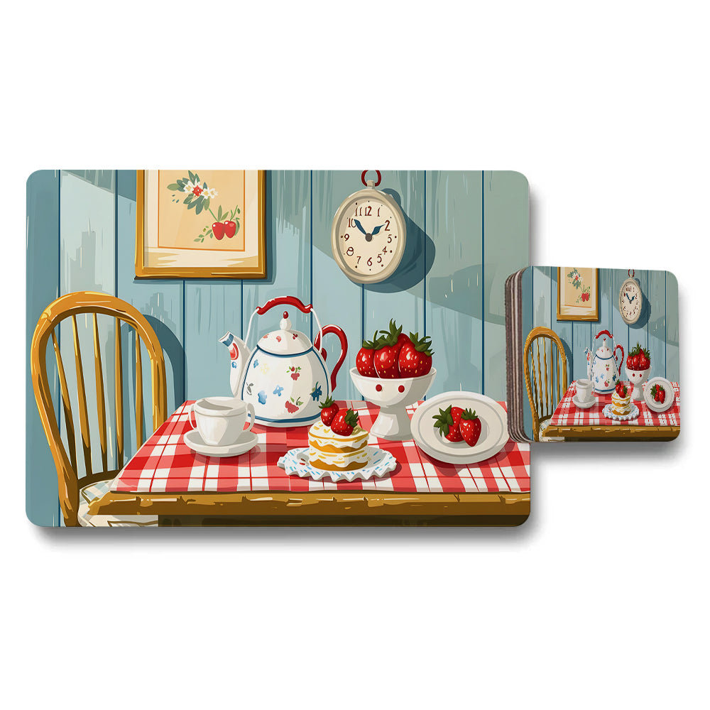 Vintage Kitchen Placemats And Coaster Set With Strawberry Dessert Design