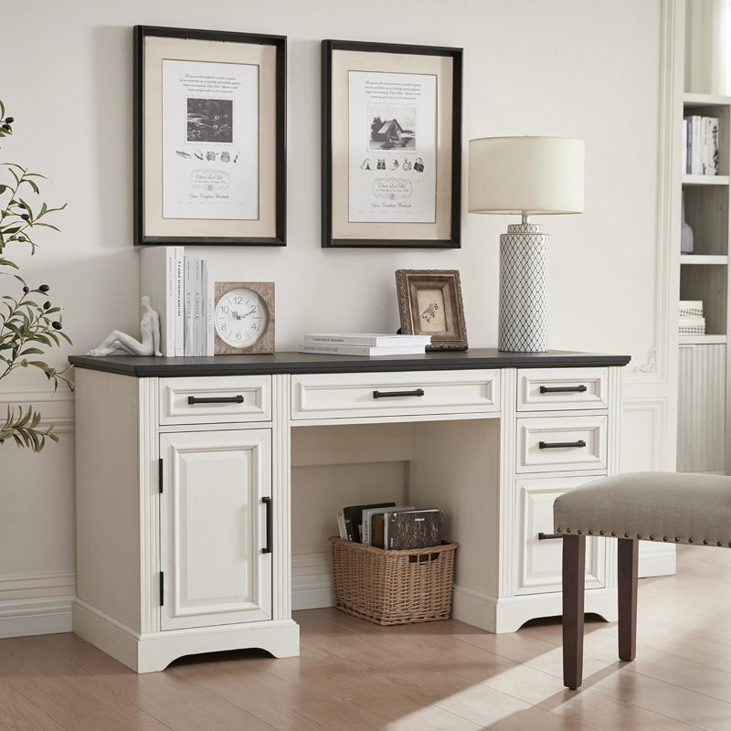 Ohana 58'' W Rectangle Computer Desk with Storage Cabinet and Drawers, Workstation for Office Home, Black/White