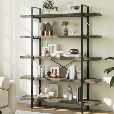 Heavy Duty Industrial Bookcase, 47" Wide Wood Bookshelf for Home Office, 120lbs Shelf Capacity, Rustic Shelving Display with Reinforced Horizontal She by 17 Stories