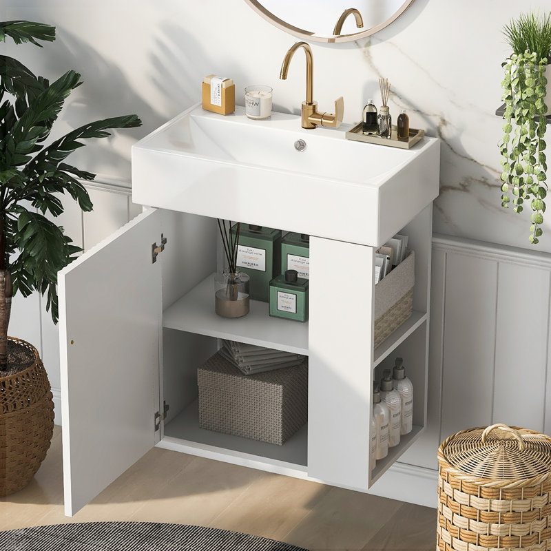 Meuble-lavabo flottant avec lavabo en céramique, Blanc / Blanc