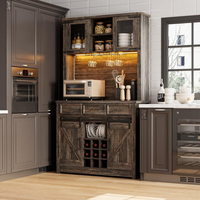 Farmhouse 72" Coffee Bar Cabinet with LED Light and Power Outlet, Large Kitchen Hutch with 3 Drawers, Wine Glass Rack, and Sliding Barn Door, Tall Wine Cabinet for Home Bar