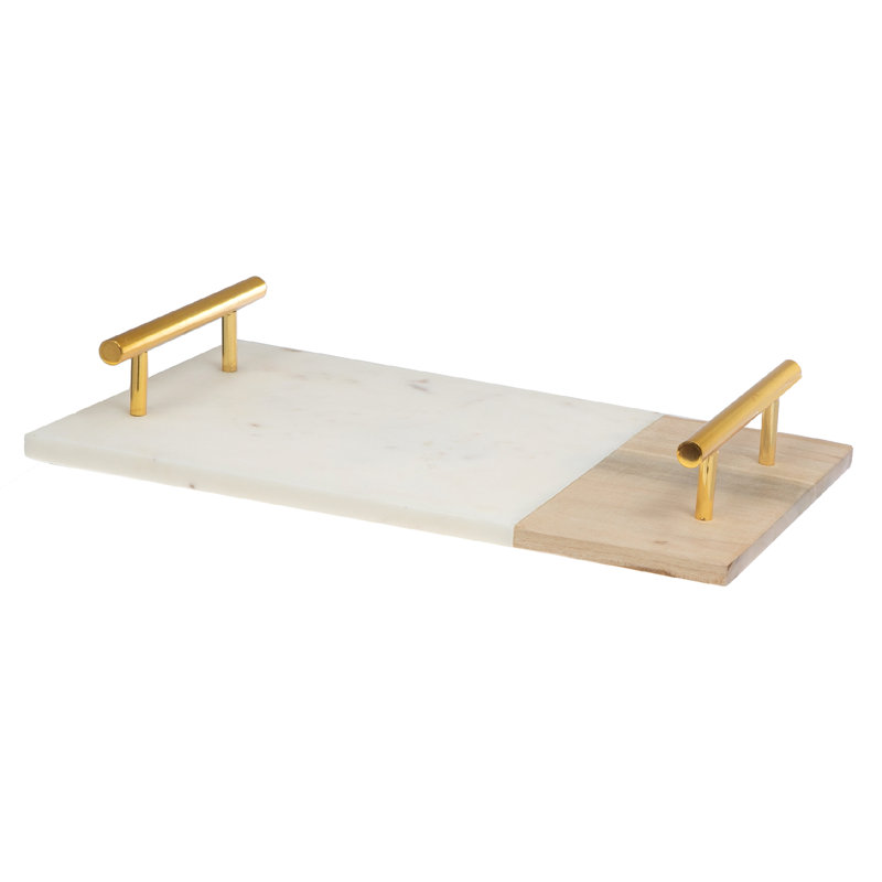 Plateau de service en marbre blanc et bois avec poignées, Blanc