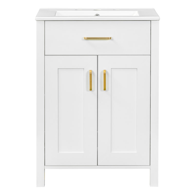 Meuble-lavabo de 24 po avec lavabo en céramique compact de luxe. L 24,2 po x P 18,5 po x H 34 po. Cadre en bois massif, portes. Ornements dorés. Tablettes de rangement spacieuses. Tablette réglable. Armoire moderne, compacte et élégante