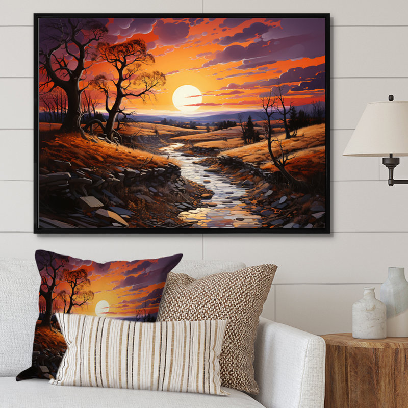 Coucher de soleil peint ciel pastoral, H 30 po x l 40 po x P 1,5 po, Cadre flottant noir