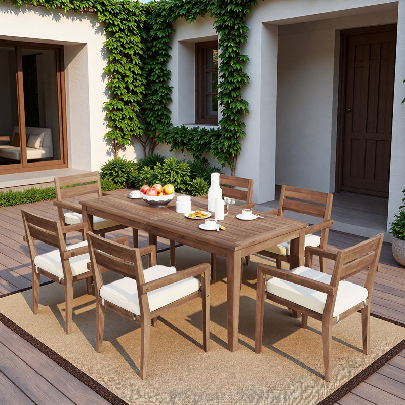 Ensemble repas 7 pièces pour l'extérieur, 1 grande table et 6 chaises empilables avec coussins et élément imperméable