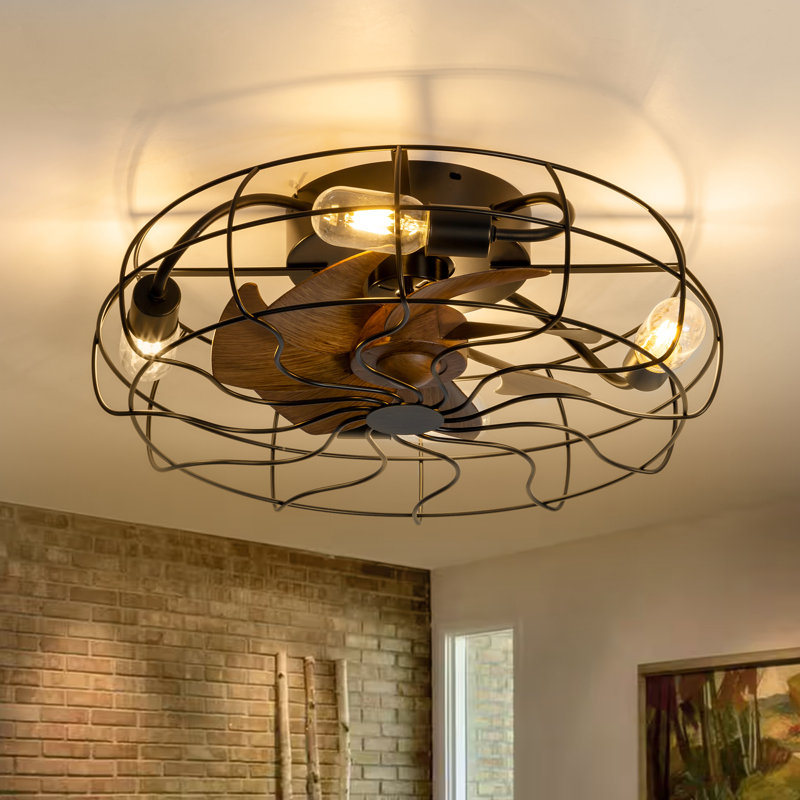 Jernisha 19" Caged Enclosed Low Profile Ceiling Fan with Lights and Remote Control, Black, 19", Brown
