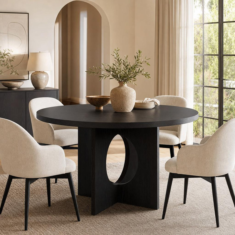 Table de salle à manger de 47 po pour 4 à 6 personnes, table de cuisine avec base piédestal robuste, conception peu encombrante pour petits espaces, facile à nettoyer, noir
