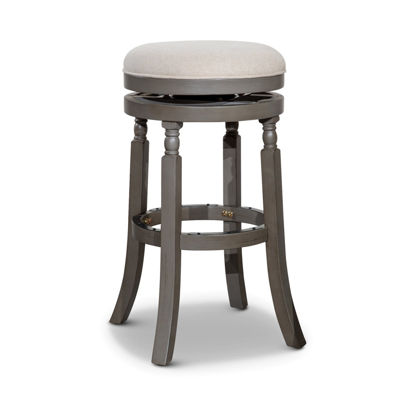 Weathered Gray 30" Bar Stool, Beige Seat Fabric Cover, Hardwood Frame, 360-Degree Rotating Mechanism, 17" Diameter, 300 Lbs Max Weight Stool In With - Ideal For Kitchen Or Area Swivel Framed