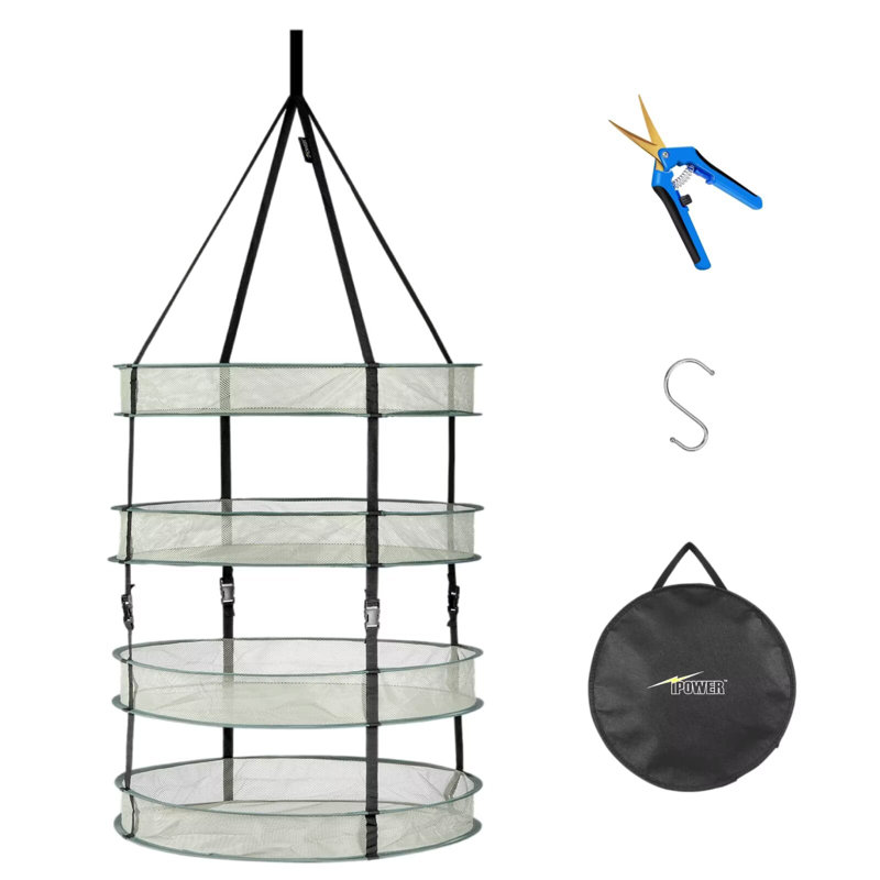 Séchoir à linge pliable suspendu à 4 couches 4 pieds avec anneaux robustes et sac de transport, pour plantes, graines et bourgeons, vert, paquet de 1 et sécateur bleu 6,5 po