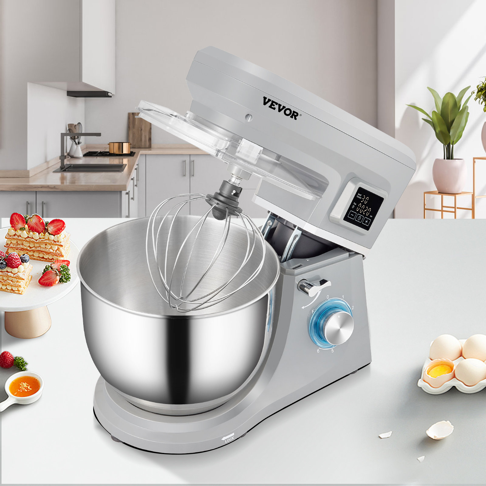 VEVOR 5 IN 1 Stand Mixer, 660W Tilt-Head Multifunctional Electric Mixer  with 6 Speeds LCD Screen Timing, 7.4 Qt Stainless Bowl, Dough Hook, Flat  Beater, Whisk, Scraper, Meat Grinder, Juice Cup - Gray