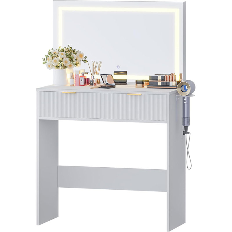 Fluted Makeup Vanity Desk with LED Lighted Mirror, 2 Drawers, Built-In Power Outlets and USB Ports, Light Wood Dressing Table with Hair Dryer Holder
