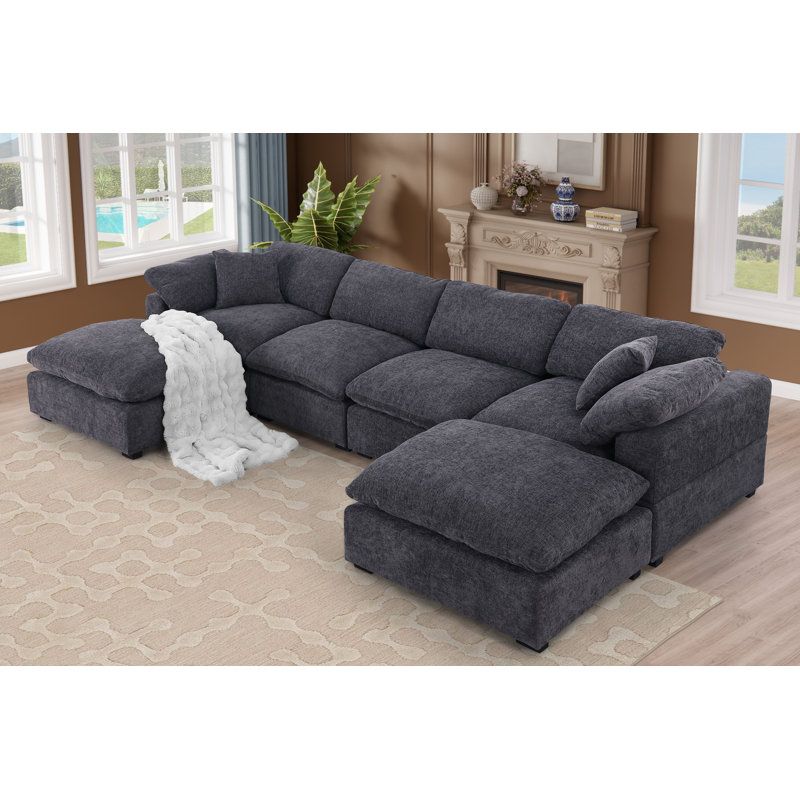 Canapé modulaire à méridienne réversible avec canapé en U 6 pièces Wilroy, Chenille grise foncée