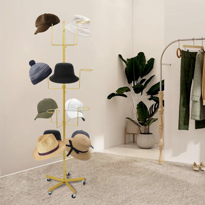 4-Tier Rolling Hat Rack, Freestanding 16-Cap Display Stand with 360° Rotating Tiers & Wheels, Gold